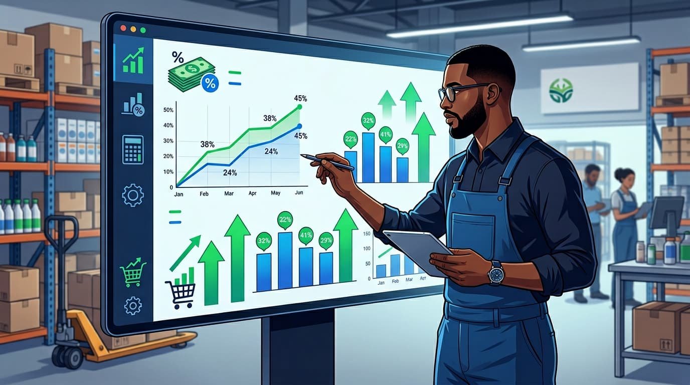 Commerçant africain analysant les marges bénéficiaires et graphiques de rentabilité sur tableau de bord