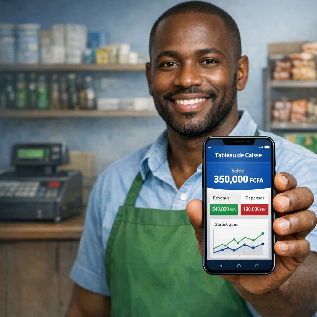 Gérant d'épicerie africaine tenant un smartphone affichant le tableau de bord de caisse en FCFA