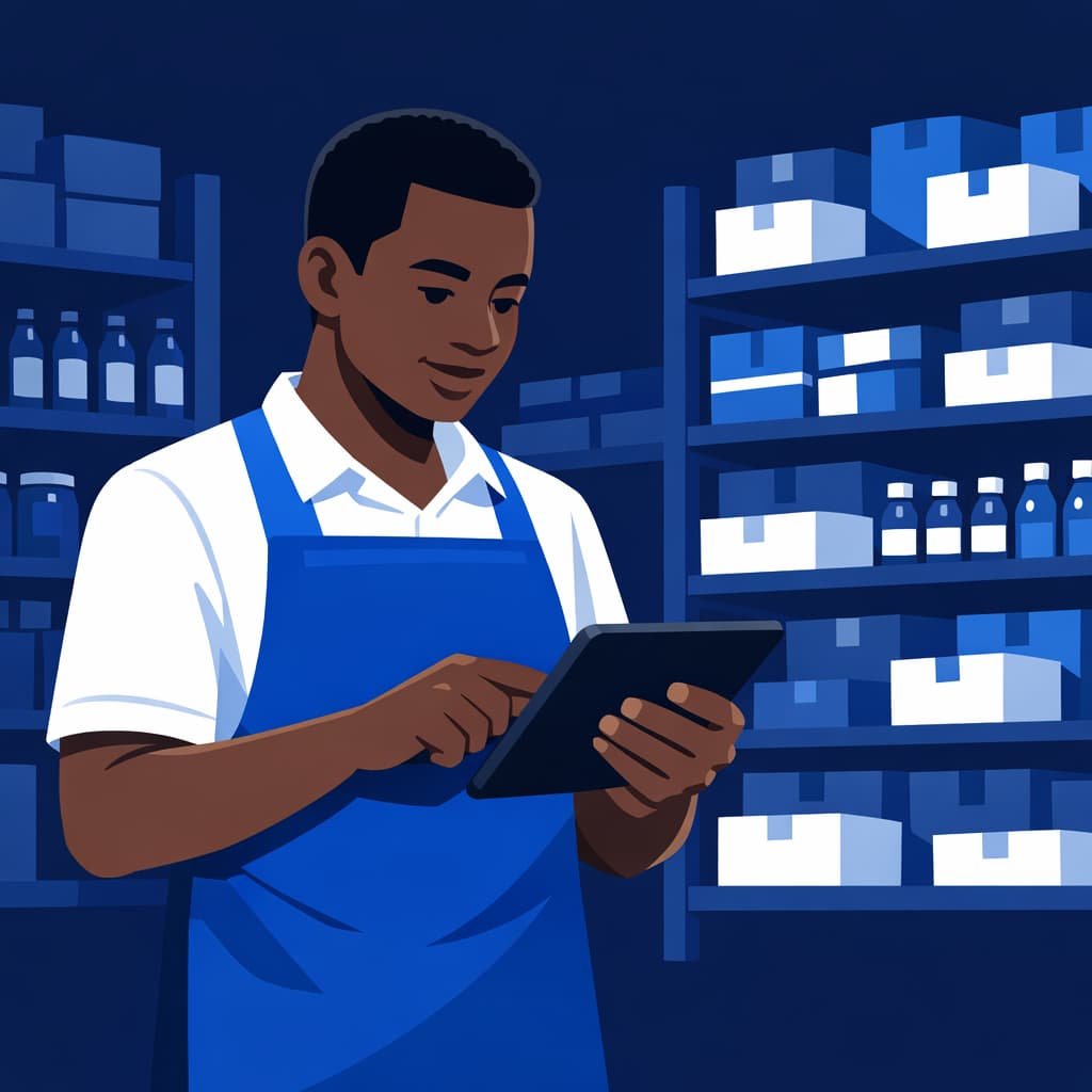 Gérant de commerce en Afrique utilisant un logiciel de gestion de stock sur tablette dans un entrepôt